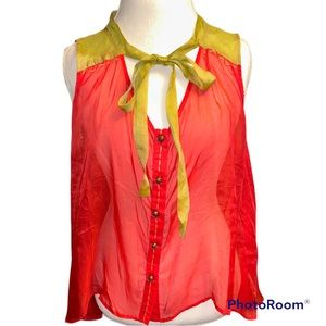 NWT Nick & Mo Unique 100% Silk Sheer Button Front Sleeveless Blouse